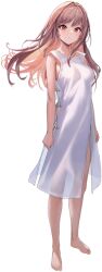 Rule 34 | 1girl, barefoot, breasts, brown eyes, brown hair, dress, full body, goddess of victory: nikke, hair intakes, light smile, long hair, official alternate costume, official art, rapi (nikke), solo, swept bangs, transparent background, v-shaped eyebrows, white dress