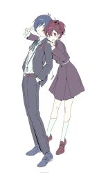 1boy 1girl 7_ps ahoge belt belt_buckle black_jacket black_pants black_skirt blue_eyes blue_hair blue_shoes blush bow bowtie brown_belt brown_hair brown_shoes buckle collared_shirt digital_media_player digital_walkman earphones_removed gekkoukan_high_school_uniform green_bow green_bowtie hair_over_one_eye hand_on_another&#039;s_shoulder hands_in_pockets headphones high_ponytail highres jacket kneehighs leaning_on_person loafers looking_at_viewer one_eye_covered pale_skin pants persona persona_3 persona_3_portable ponytail red_eyes red_ribbon ribbon school_emblem school_uniform shiomi_kotone shirt shoes short_hair simple_background single_eyebrow skirt socks v walkman_nw-s203f white_background white_shirt white_socks yuuki_makoto_(persona_3)