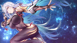 1girl black_bodysuit blue_eyes bodystocking bodysuit breast_curtain breasts chinese_commentary commentary covered_navel fei_luo_mao genshin_impact gloves hand_up highres hip_vent large_breasts long_hair outstretched_arm parted_lips partially_fingerless_gloves pink_pupils shenhe_(genshin_impact) solo star_(sky) starry_sky_background teeth white_hair