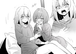 2girls blush cellphone closed_mouth collarbone commentary greyscale holding holding_phone kouzuki_mahiru long_hair long_sleeves lwmina70119 monochrome multicolored_hair multiple_girls phone short_hair smartphone streaked_hair sweatdrop sweater yamanouchi_kano yoru_no_kurage_wa_oyogenai