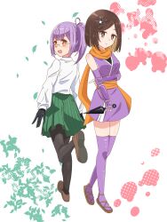 2girls absurdres alternate_costume assassin black_gloves black_pantyhose brown_eyes brown_hair brown_sandals collared_shirt colored_inner_hair cosplay costume_switch glasses gloves green_skirt hair_ornament hairclip highres holding holding_kunai holding_own_arm holding_weapon japanese_clothes kimono koga_konoha kunai kusagakure_satoko long_hair medium_hair multicolored_hair multiple_girls ninja ninja_to_koroshiya_no_futarigurashi pantyhose pleated_skirt purple_hair purple_kimono purple_thighhighs sandals scarf shirt short_kimono shuriken_hair_ornament side_ponytail skirt swept_bangs thighhighs user_xpcj3772 weapon white_shirt yellow_scarf