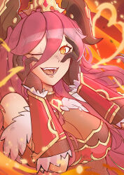 1girl ;d absurdres ailheim breasts cleavage dragalia_lost dragon_girl dragon_horns fangs fire gloves hair_between_eyes hands_on_own_face highres horns large_breasts long_bangs long_hair looking_at_viewer mym_(dragalia_lost) one_eye_closed open_mouth orange_eyes red_hair smile solo teeth upper_body