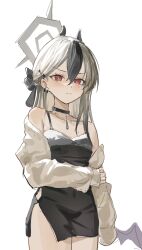 1girl absurdres black_bow black_choker black_dress black_hair black_horns blue_archive blush bow choker closed_mouth collarbone commentary_request demon_horns dress grey_hair grey_jacket hair_between_eyes hair_bow halo highres holding_own_arm horns jacket kayoko_(blue_archive) kayoko_(dress)_(blue_archive) kkkaneko_1360685303 long_hair long_sleeves looking_at_viewer mole mole_on_collarbone multicolored_hair official_alternate_costume official_alternate_hairstyle purple_wings red_eyes simple_background single_wing sketch solo standing two-tone_hair v-shaped_eyebrows white_background wings