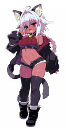1girl ahoge animal_ears bell black_boots black_jacket black_thighhighs blush boots braid braided_ponytail breasts cat_ears cat_girl cat_tail crop_top dark-skinned_female dark_skin denim denim_shorts eyebrows_hidden_by_hair fang full_body hair_between_eyes highres jacket jingle_bell large_breasts looking_at_viewer navel neck_bell open_mouth original red_shirt shirt short_shorts shorts simple_background smile solo stomach tail thighhighs tsukinoha_mio unbuttoned walking white_background white_hair