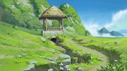 blue_sky bush chinese_commentary cloud commentary_request fence flower grass highres hut landscape mountain nature no_humans original pillar plant rooftop scenery sky white_flower xingzhi_lv