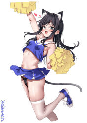 1girl :d animal_ear_fluff animal_ears arm_up artist_name asashio_(kancolle) bare_shoulders black_hair black_panties blue_eyes blue_shoes blue_skirt blush breasts cat_ears cat_girl cat_tail cheerleader commentary crop_top cropped_legs cropped_shirt ebifurya extra_ears groin hair_intakes heart highres jumping kantai_collection kemonomimi_mode long_hair looking_at_viewer navel one-hour_drawing_challenge open_mouth panties pleated_skirt pom_pom_(cheerleading) ribs shirt shoes simple_background skirt sleeveless sleeveless_shirt small_breasts smile solo standing standing_on_one_leg tail thighhighs thighs twitter_username underwear very_long_hair white_background white_thighhighs