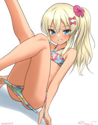 1girl bikini bikini_pull blonde_hair blue_eyes clothes_pull commentary_request feet_out_of_frame flat_chest grecale_(kancolle) halterneck kantai_collection long_hair looking_at_viewer official_alternate_costume parted_lips ray.s side_ponytail simple_background smile solo swimsuit white_background
