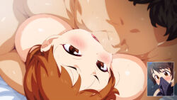 1boy 1girl black_choker blush blushing_female brown_eyes brown_hair censored choker colorized completely_nude cum faceless faceless_male fat fat_man half-closed_eyes idolmaster idolmaster_cinderella_girls katagiri_sanae kiss large_areolae large_nipples missionary mosaic_censoring mouth_hold nude on_bed open_mouth pole_(ppp1409) red_eyes sex short_hair spread_legs tagme teeth_hold twintails