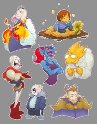 3boys 3girls alphys androgynous animal_ears asgore_dreemurr beard blonde_hair blue_skin boots brown_hair closed_eyes colored_skin eyepatch facial_hair fins fire flower frisk_(undertale) furry glasses goat_ears head_fins heart horns lab_coat monster_boy monster_girl multiple_boys multiple_girls one_eye_closed open_mouth palidoozy-art papyrus_(undertale) ponytail red_hair sans_(undertale) scarf sharp_teeth shirt short_hair skeleton smile striped_clothes striped_shirt teeth toriel undertale undyne yellow_skin
