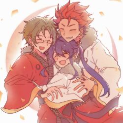 3boys :d akatsuki_(ensemble_stars!) backlighting black_hair blush bow chin_rest closed_eyes commentary confetti cowboy_shot crescent curtained_hair earrings ensemble_stars! fur_shawl glasses green_hair grey-framed_eyewear grin hair_between_eyes hair_intakes hair_ribbon hair_slicked_back hasumi_keito head_on_head head_rest heads_together highres hug idol japanese_clothes jewelry kanzaki_souma kimono kiryu_kuro long_hair male_focus multicolored_hair multiple_boys multiple_earrings obi open_mouth parted_bangs ponytail purple_hair red_hair red_kimono red_ribbon ribbon sash sayagata scarf scarf_bow shawl short_hair sidelocks sleeve_rolled_up smile spiked_hair streaked_hair two-tone_kimono v-shaped_eyebrows white_background white_kimono whiten_wolf wide_sleeves wrist_wrap