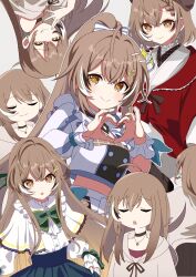 +_+ 1girl :o absurdres ahoge asymmetrical_sleeves black_choker bow braid braided_bangs brown_eyes brown_hair brown_hoodie buttons capelet choker closed_eyes crop_top crossed_bangs double-breasted green_skirt hair_ornament hairclip heart heart_hands highres hololive hololive_english hololive_idol_uniform_(bright) hood hoodie hutaba_haru idol idol_(yoasobi) idol_clothes japanese_clothes jewelry kimono large_bow licking_lips long_hair looking_at_viewer multicolored_hair multiple_views nanashi_mumei nanashi_mumei_(1st_costume) nanashi_mumei_(casual) nanashi_mumei_(new_year) necklace official_alternate_costume open_mouth oshi_no_ko ponytail red_shawl red_shirt shawl shirt skirt smile star-shaped_pupils star_(symbol) streaked_hair symbol-shaped_pupils tongue tongue_out uneven_sleeves upside-down very_long_hair virtual_youtuber waist_bow white_capelet white_kimono