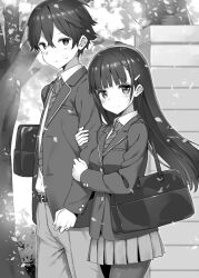 Rule 34 | 1boy, 1girl, absurdres, bag, belt, blush, breasts, brother and sister, brother and step-sister, cherry blossoms, closed mouth, collared shirt, commentary request, diagonal-striped clothes, diagonal-striped necktie, floating hair, from side, greyscale, hair between eyes, hair ornament, hairclip, highres, irido mizuto, irido yume, jacket, lapels, locked arms, long hair, looking at viewer, looking to the side, mamahaha no tsurego ga moto kano datta, medium breasts, monochrome, necktie, notched lapels, novel illustration, official art, open clothes, open jacket, outdoors, pants, pantyhose, pleated skirt, school bag, school uniform, shirt, short hair, siblings, skirt, small sweatdrop, smile, step-brother and step-sister, step-siblings, striped clothes, takayaki, tree, wing collar