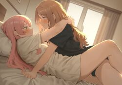2girls bang_dream! bang_dream!_it&#039;s_mygo!!!!! bedroom black_shirt blue_eyes blush brown_hair chihaya_anon closed_mouth commentary_request curtains eye_contact fang green_eyes hug indoors long_hair looking_at_another milktea_(gggrrr2000) multiple_girls nagasaki_soyo on_bed pink_hair shirt short_sleeves sidelocks skin_fang sweatdrop white_shirt window yuri