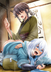 Rule 34 | 2girls, ass, ass smack, blue eyes, bridal gauntlets, brown hair, closed eyes, coat, doggystyle, double-parted bangs, eiyuu densetsu, hair between eyes, hair bun, highres, humiliation, indoors, japanese clothes, kagura yuuto, kimono, kuro no kiseki, kuro no kiseki (series), kuro no kiseki ii, long hair, lying on lap, multiple girls, open mouth, over the knee, punishment, sex from behind, shizuna rem misurugi, sidelocks, slapping, spanked, spanking, tears, white hair, wing collar