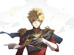 1boy 1girl alpha_transparency blonde_hair blue_eyes char_aznable epaulettes floating_hair gloves gundam gundam_gquuuuuux high_collar highres jacket kitsune_(ly_howe) lalah_sune long_sleeves looking_at_viewer military_jacket military_uniform red_jacket short_hair simple_background sparkle spirit transparent_background