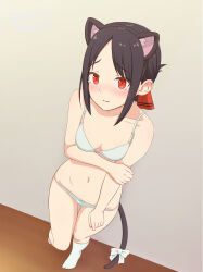 1girl animal_ears black_hair blush bow bra breasts cat_ears cat_tail collarbone fake_animal_ears hair_ribbon highres kaguya-sama_wa_kokurasetai_~tensai-tachi_no_renai_zunousen~ kemonomimi_mode lingerie looking_at_viewer navel omotederiyuu panties red_eyes red_ribbon ribbon shinomiya_kaguya small_breasts solo tail tail_bow tail_ornament underwear white_bra white_panties