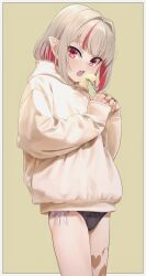 1girl black_panties blonde_hair border eating fang fork highres holding holding_fork lace lace-trimmed_panties lace_trim leg_tattoo looking_at_viewer makaino_ririmu multicolored_hair nijisanji no_pants open_mouth outside_border panties pink_hair pointy_ears red_eyes sabamen short_hair side-tie_panties simple_background skin_fang solo streaked_hair sweater tattoo two-tone_hair underwear virtual_youtuber white_border yellow_background