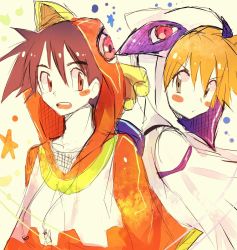 1boy 1girl ash_ketchum black_hair blue_shirt blush brown_eyes cosplay creatures_(company) game_freak gen_1_pokemon gen_2_pokemon green_eyes hair_between_eyes highres ho-oh ho-oh_(cosplay) kash-phia legendary_pokemon lugia lugia_(cosplay) misty_(pokemon) nintendo open_mouth orange_hair pokemon pokemon_(anime) pokemon_(classic_anime) shirt short_hair smile t-shirt upper_body