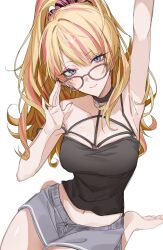 1girl absurdres adjusting_eyewear armpit_crease armpits black_camisole blonde_hair blue_eyes blunt_bangs blush breasts camisole glasses gumi_070 gyaru hair_ornament hair_scrunchie half-closed_eyes high_ponytail highres kotoka_torahime kotoka_torahime_(3rd_costume) long_hair looking_at_viewer medium_breasts multicolored_hair nail_polish navel nijisanji nijisanji_en official_alternate_costume official_alternate_hairstyle pink_hair pink_nails pink_streaks ponytail scrunchie single_off_shoulder sitting solo spaghetti_strap strap streaked_hair wariza
