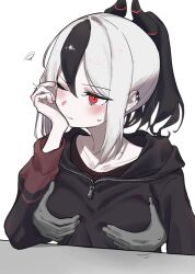 1boy 1girl ;| black_hair black_hoodie blue_archive blush breasts collarbone demon_horns disembodied_hand double-parted_bangs earrings grabbing_another&#039;s_breast grabbing_from_behind grey_hair groping hair_between_eyes halo hand_on_own_cheek hand_on_own_face highres hood hoodie horns jewelry kayoko_(blue_archive) long_hair looking_to_the_side medium_breasts momie_(gayy8225) multicolored_hair ponytail sidelocks squiggle sweatdrop two-tone_hair upper_body