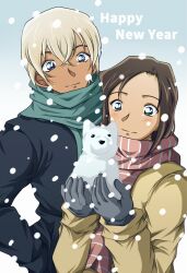 1boy 1girl amuro_tooru black_coat blonde_hair blue_eyes brown_coat brown_hair closed_mouth coat cowboy_shot crossed_bangs enomoto_azusa gloves green_scarf grey_gloves hand_in_pocket happy_new_year highres holding light_smile long_hair looking_at_object looking_down meitantei_conan new_year red_scarf s_n_sb_4869 scarf short_hair snow_animal snowing standing striped_clothes striped_scarf white_background winter winter_clothes