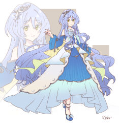 1girl blue_dress blue_hair dress full_body high_heels highres long_hair sentai_red_ga_isekai_de_boukensha_ni_naru smile solo_focus teltina_liz_wagrel_alvarost tiara very_long_hair white_background yanagimachi yellow_eyes zoom_layer