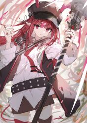 1girl arknights belt black_belt black_hat black_jacket black_thighhighs breasts cabbie_hat commentary demon_horns demon_tail frown hat highres holding holding_staff horns horns_through_headwear jacket jewelry k_futoshi_0n0 long_hair looking_at_viewer multiple_rings nail_polish necktie pointy_ears red_eyes red_hair red_horns red_nails red_necktie red_thighhighs ring shirt shorts simple_background small_breasts solo staff studded_belt tail thighhighs two-tone_legwear vigna_(arknights) white_background white_shirt