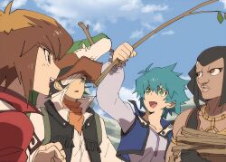 Rule 34 | 4boys, aoki (fumomo), aqua hair, austin o&#039;brien, bandage over one eye, blue sky, brown eyes, brown hair, cloud, cloudy sky, cowboy hat, crocodile, crocodilian, dark-skinned male, dark skin, duel academy uniform (yu-gi-oh! gx), green eyes, hat, jim crocodile cook, johan andersen, looking up, male focus, multicolored hair, multiple boys, parted lips, sky, stick, two-tone hair, yu-gi-oh!, yu-gi-oh! gx, yuki judai