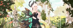 1girl absurdres alkyne_gui arch artist_name bare_shoulders black_dress black_halo blue_sky braid breasts bug bush butterfly butterfly_wings character_name chinese_commentary cloud commentary copyright_name cowboy_shot crinoline curled_fingers dated detached_sleeves dress earrings fence floral_arch flower frilled_dress frills from_behind garden grass half_updo halo halo_behind_head happy_birthday highres insect insect_wings jewelry leaf liv:_empyrea_(dreamcatcher)_(pgr) liv:_empyrea_(pgr) liv_(pgr) looking_at_viewer looking_back low_wings medium_breasts official_alternate_costume outdoors pink_eyes pink_flower puffy_detached_sleeves puffy_sleeves punishing:_gray_raven ribbon_earrings side_braid sky solo strapless strapless_dress tree twitter_username white_hair wings wrist_cuffs