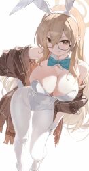 1girl 5higure absurdres akane_(blue_archive) akane_(bunny)_(blue_archive) animal_ear_hairband animal_ears aqua_bow aqua_bowtie black-framed_eyewear blue_archive bow bowtie breasts brown_eyes brown_halo brown_shawl cleavage closed_mouth commentary_request detached_collar fake_animal_ears glasses hair_between_eyes hairband halo highres large_breasts leaning_forward leotard long_hair looking_at_viewer official_alternate_costume pantyhose plaid_clothes plaid_shawl playboy_bunny rabbit_ear_hairband rabbit_ears shawl simple_background smile solo strapless strapless_leotard very_long_hair white_background white_leotard white_pantyhose