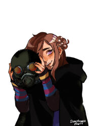 1girl artist_name black_cloak brown_hair cloak dated gas_mask highres holding holding_mask kyokugen_dasshutsu kyokugen_dasshutsu:_9_jikan_9_nin_9_no_tobira marigoldflowerdays mask kurashiki_akane open_mouth purple_eyes simple_background smile solo spoilers teeth upper_teeth_only white_background zero_(kyokugen_dasshutsu)