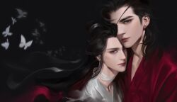 Rule 34 | 2boys, asian, bandaged neck, bandages, black background, black hair, bug, butterfly, chinese clothes, chinese commentary, closed mouth, collarbone, commentary request, earrings, expressionless, eyepatch, floating hair, grey ribbon, hair bun, hair ribbon, hanfu, heads together, hua cheng, insect, jewelry, light blush, lipstick, long hair, makeup, male focus, multiple boys, nostrils, pink lips, realistic, red hanfu, ribbon, simple background, single hair bun, stud earrings, thick eyebrows, tianguan cifu, upper body, white butterfly, white hanfu, xie lian, yaoi, ye dian pikaqiu
