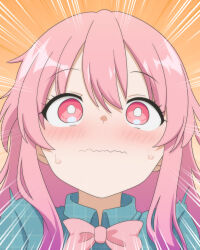 1girl blush bow bowtie bright_pupils cato_(monocatienus) collared_shirt commentary_request emphasis_lines facing_viewer green_shirt hata_no_kokoro highres long_hair orange_background pink_bow pink_bowtie pink_eyes pink_hair shirt sidelocks solo sweatdrop touhou wavy_mouth white_pupils