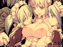 00s 2007 3girls apron blue_eyes blue_hair bow breasts breasts_out collarbone copyright_notice cruccu female_focus fff_threesome group_sex highres large_breasts licking maid maid_apron maid_headdress multiple_girls nipples open_mouth original pink_eyes pink_hair short_hair short_twintails sketch threesome tongue tongue_out twintails watermark web_address white_hair yellow_eyes yuri