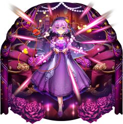 1girl alternate_costume closed_mouth couch crystal_ball curtains dress eyeball floral_print flower full_body game_cg hair_ornament heart heart_hair_ornament highres indoors komeiji_satori komeiji_satori_(midnight_mentalist) lace-trimmed_veil lace_trim long_sleeves looking_at_viewer official_art pink_eyes pink_hair print_dress purple_dress purple_eyes purple_shoes rose rose_print rotte_(1109) shaded_face shoes short_hair solo star_(symbol) third-party_source third_eye touhou touhou_lostword transparent_background veil