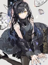 1girl bare_shoulders black_choker black_hair black_jacket black_shirt black_skirt choker closed_mouth diamond_(gemstone) earrings hair_ornament hairclip jacket jewelry long_hair looking_at_viewer necklace off_shoulder project_sekai pyongtaro shiraishi_an shirt sidelocks simple_background sitting skirt solo star_(symbol) star_earrings teikoku_shoujo_(vocaloid) wariza white_background yellow_eyes