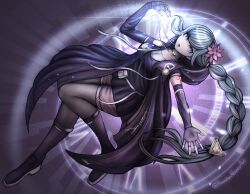 1girl absurdres black_dress black_pantyhose blue_eyes blue_hair boots braid breasts cleavage clock coat commentary detached_sleeves dress english_commentary fingerless_gloves flower fubuki_clockford full_body gloves glowing hair_flower hair_ornament highres hood hood_down jewelry komatsuzaki_rui_(style) large_breasts long_hair looking_at_viewer master_detective_archives:_rain_code mixed-language_commentary necklace open_mouth outstretched_arm pantyhose pink_flower purple_coat randomnoisesart shoulder_tattoo single_braid solo tattoo twitter_username very_long_hair