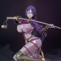 1girl 3d bodysuit bracer breasts covered_erect_nipples fate/grand_order fate_(series) female_focus highres holding holding_sword holding_weapon katana large_breasts leg_up leslyzerosix long_hair minamoto_no_raikou_(fate) purple_eyes purple_hair sandals solo sword weapon