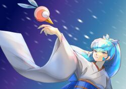 1girl absurdres animal animal_on_hand artist_name black_eyes blue_eyes blue_hair blue_sash commentary creature creature_on_hand highres ice_cream_cone insect_wings japanese_clothes kimono miz_mus obi oyuki_(urusei_yatsura) parted_lips ponytail sash sherbert_(urusei_yatsura) smile snowing twitter_username urusei_yatsura white_kimono wide_sleeves wings