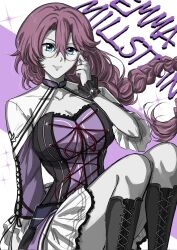 1girl blue_eyes boots braid breasts cleavage cleavage_cutout clothing_cutout double-parted_bangs eiyuu_densetsu emma_millstein english_text floating_hair glasses hair_between_eyes highres knees large_breasts long_hair long_sleeves looking_at_viewer pink_hair sen_no_kiseki sen_no_kiseki_(series) sen_no_kiseki_iii shiruuruu skirt solo two-tone_background