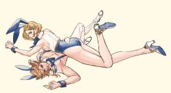 1boy 1girl animal_ear_hairband animal_ears blonde_hair braid breasts crown_braid fake_animal_ears fake_tail full_body hair_ornament hairband hairclip high_heels kurokawa_karasu leotard link lying lying_on_person muscular muscular_male nintendo on_back on_stomach pants playboy_bunny pointy_ears princess_zelda rabbit_ear_hairband rabbit_ears rabbit_tail shoe_soles shoes short_hair sideboob simple_background suspenders tail the_legend_of_zelda the_legend_of_zelda:_tears_of_the_kingdom white_pants white_shoes wrist_cuffs yellow_background