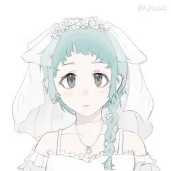 Rule 34 | 1girl, aged up, anyijiunian, aqua hair, artist name, black eyes, blush, braid, choker, dress, frilled dress, frills, hair over shoulder, jewelry, long hair, looking at viewer, necklace, persona, persona 3, simple background, single braid, solo, veil, wedding dress, white background, white dress, yamagishi fuuka
