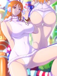 1girl absurdres arm_behind_back ass bangle bare_arms bare_legs bare_shoulders belt_bag blurry blurry_background boots bracelet breasts closed_mouth commentary covered_navel crotch english_commentary feet_out_of_frame from_behind hand_up headphones heart highres hood hood_down hoodie jewelry knee_boots large_breasts legs leotard log_pose long_hair looking_at_viewer lower_body multiple_views nami_(one_piece) nami_(one_piece)_(egghead) official_alternate_costume ok_sign one_eye_closed one_piece opalis orange_eyes orange_hair paid_reward_available panties science_fiction shiny_skin shoulder_tattoo single_sidelock sleeveless sleeveless_hoodie smile spread_legs tattoo thigh_gap thighs tight_clothes underwear upskirt wavy_hair white_hoodie white_leotard white_panties