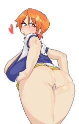 1girl aliasing alternate_breast_size ass bare_arms blush breasts cowboy_shot from_behind half-closed_eyes heart highres huge_breasts leebo_(leeboxxx) legs_together lips looking_at_viewer miniskirt nami_(one_piece) nami_(one_piece)_(east_blue) no_nose official_alternate_costume one_piece panties shirt short_hair simple_background skirt solo standing striped_clothes striped_shirt underwear white_background white_panties