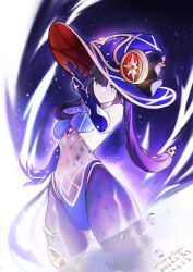 1girl artist_name bare_shoulders black_hair blue_gloves blue_hat blue_leotard dated genshin_impact gloves green_eyes hair_between_eyes hat highres leotard long_hair mona_(genshin_impact) navel see-through_clothes solo twintails very_long_hair vimpcylin witch_hat
