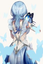 1girl absurdres armlet back blue_butterfly blue_hair breasts bug butterfly commentary cowboy_shot dress english_commentary flareza from_behind grey_background highres insect jewelry large_breasts long_hair no_veil shorekeeper_(wuthering_waves) simple_background sleeveless sleeveless_dress solo wuthering_waves
