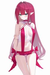 1girl absurdres baobhan_sith_(fate) baobhan_sith_(swimsuit_pretender)_(first_ascension)_(fate) bare_shoulders blush breasts camisole cleavage fate/grand_order fate_(series) grey_eyes highres large_breasts long_hair looking_at_viewer navel pink_hair pointy_ears sidelocks solo thighs white_camisole zerotwenty_(020)