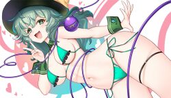 1girl bikini black_hat breasts detached_collar frilled_bikini frills green_eyes green_hair hat hataraki_kuma heart heart_of_string komeiji_koishi looking_at_viewer medium_breasts navel open_mouth smile solo swimsuit thick_thighs thighs third_eye touhou v wrist_cuffs