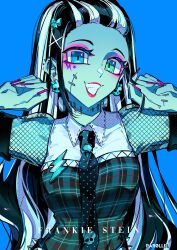 1girl aqua_bow artist_name black_hair black_necktie blue_background blue_eyes bow breasts character_name collared_shirt colored_skin commentary ear_piercing earrings english_commentary english_text eyeshadow facial_mark fishnets frankie_stein green_eyes green_skin grin hair_bow hair_ornament hands_up heterochromia highres jewelry lightning_bolt_facial_mark long_hair looking_at_viewer makeup monster_high multicolored_hair nail_polish necktie par0llel piercing pink_eyeshadow pink_nails plaid_clothes polka_dot_necktie red_lips shirt simple_background skull_earrings smile solo spiked_ear_piercing square_eyes star_(symbol) star_facial_mark stitches streaked_hair symbol_in_eye two-tone_hair upper_body white_hair x_hair_ornament