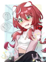 !? 1girl ? animal_ears black_skirt blush bow breasts casual clothes_grab clothes_lift ear_covers flustered gameplay_mechanics green_eyes hair_between_eyes hair_bow hair_ornament highres horse_ears horse_girl horse_tail i_am_shakenoko jacket low_twintails midriff navel_peek pantyhose pink_jacket red_hair skirt skirt_grab skirt_lift small_breasts smile solo spoken_interrobang spoken_question_mark tail twintails umamusume white_background win_variation_(umamusume) zipper